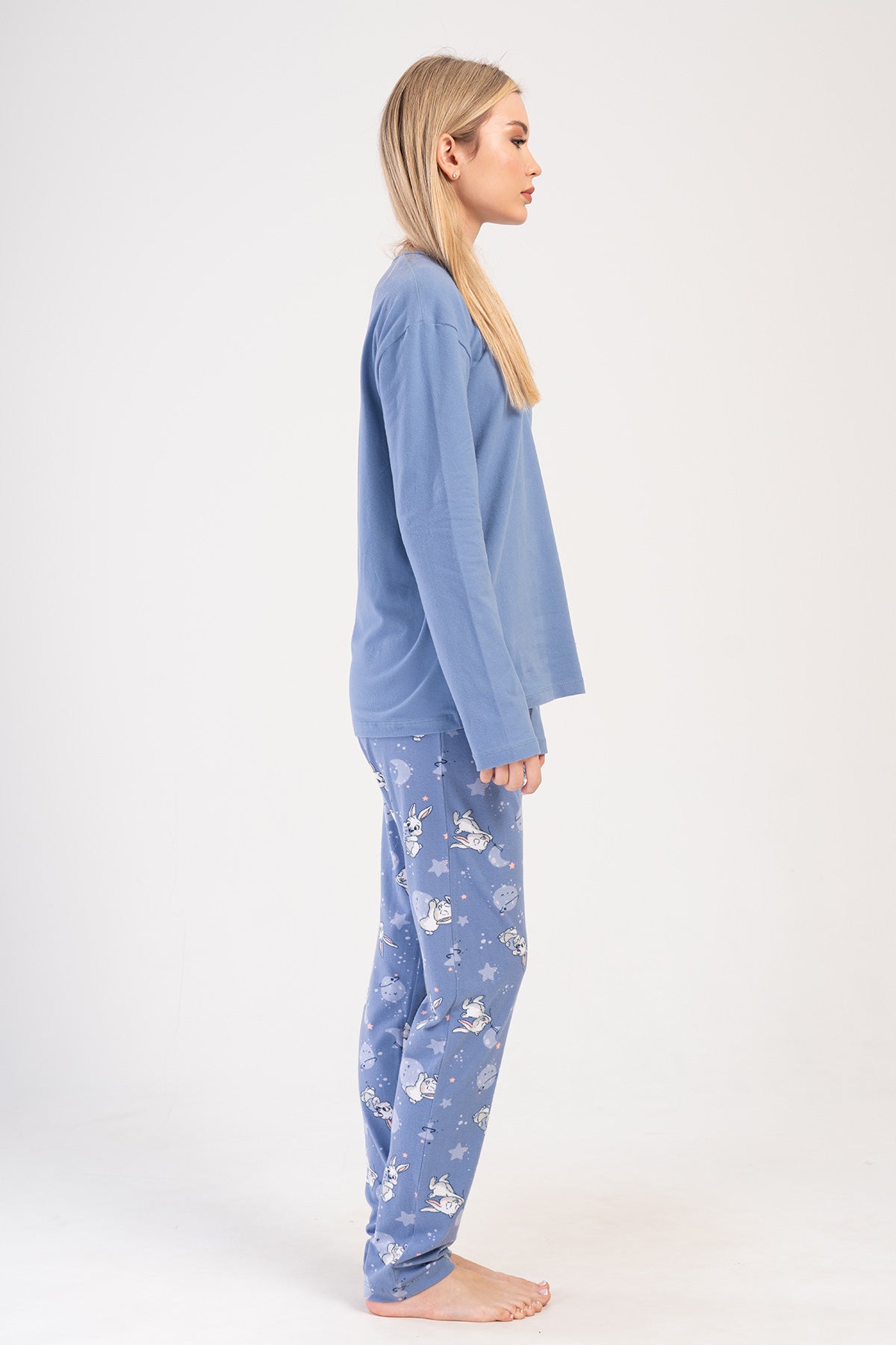 Woman Lycra Supreme Blue O Neck Pyjama Set