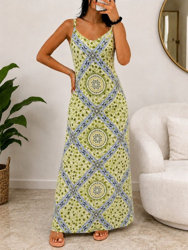 Women's Spaghetti Strap V-Neck Patterned Supreme Long Dress