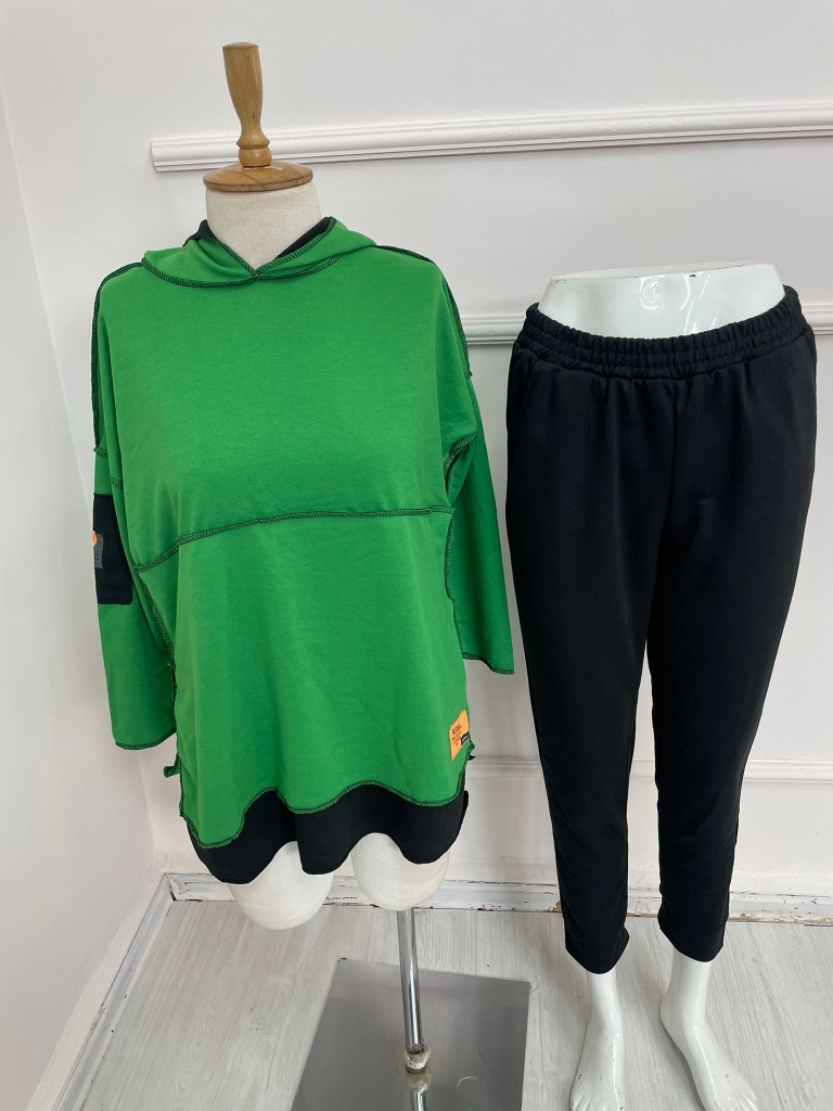 Women's Green Hooded Hem Detail Patch Reverse Stitch Appearance Two-Piece Set
