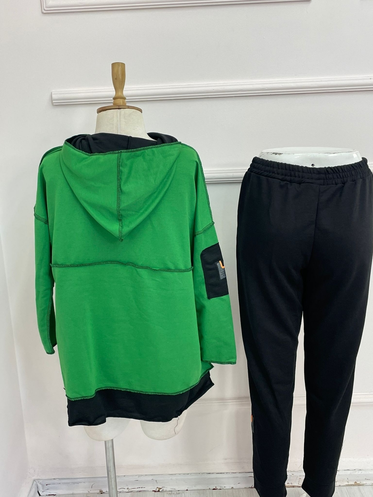Women's Green Hooded Hem Detail Patch Reverse Stitch Appearance Two-Piece Set