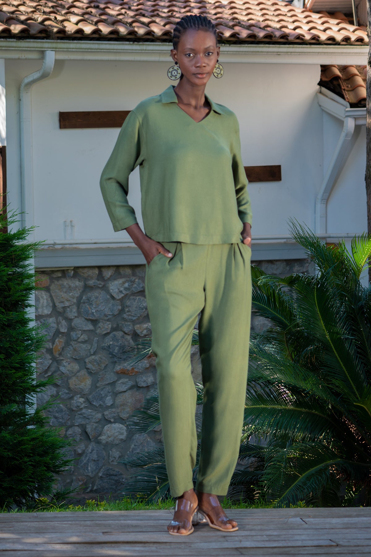 KADIN VISCON GOMLEK V YAKA DUSUK OMUZLU 3/4KOL PILILI CEPLI PANTOLON TAKIM