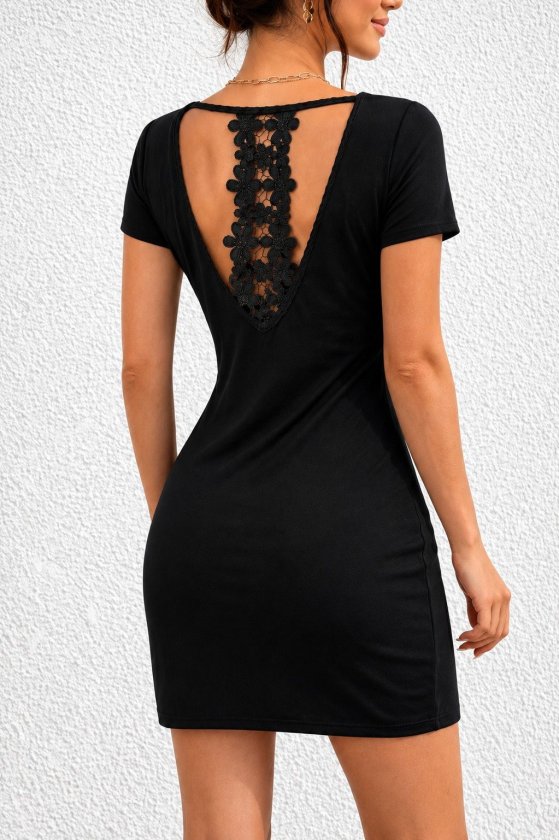 Women's Short Sleeve Back Lace Detailed Short Viscose Two-Ply Dress