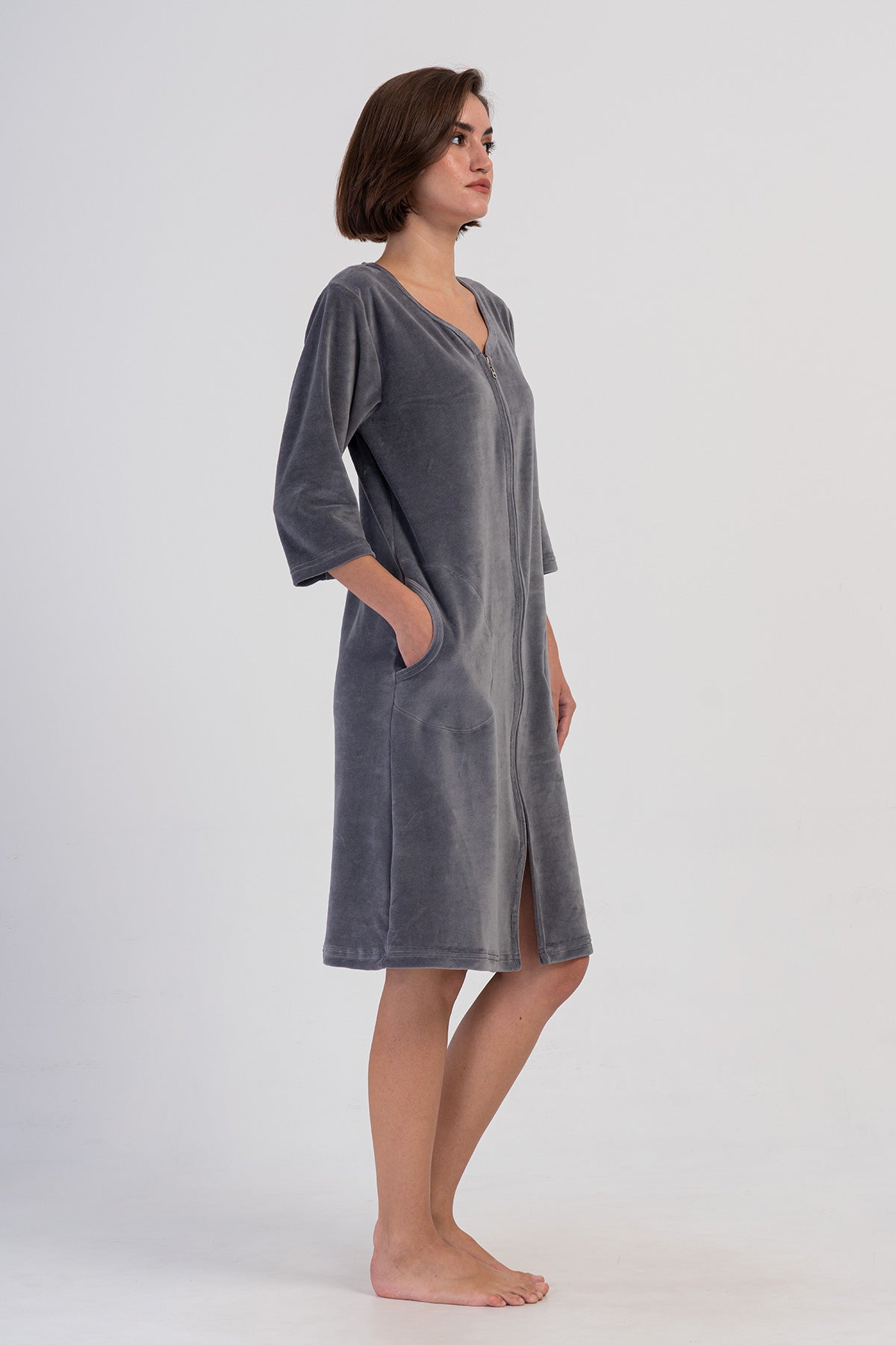 KADIN KADIFE FERMUARLI 3/4KOL CEPLI EV ELBISESI