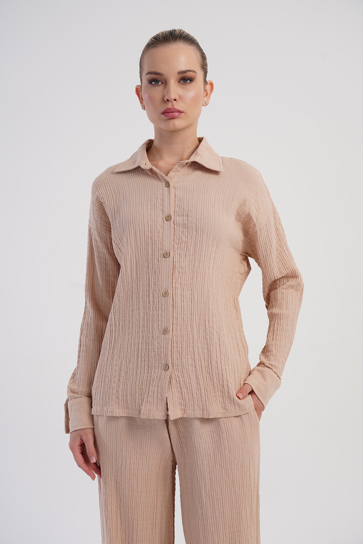 KADIN MUSLIN UZUN KOL GOMLEK BOL PANTOLON TAKIM