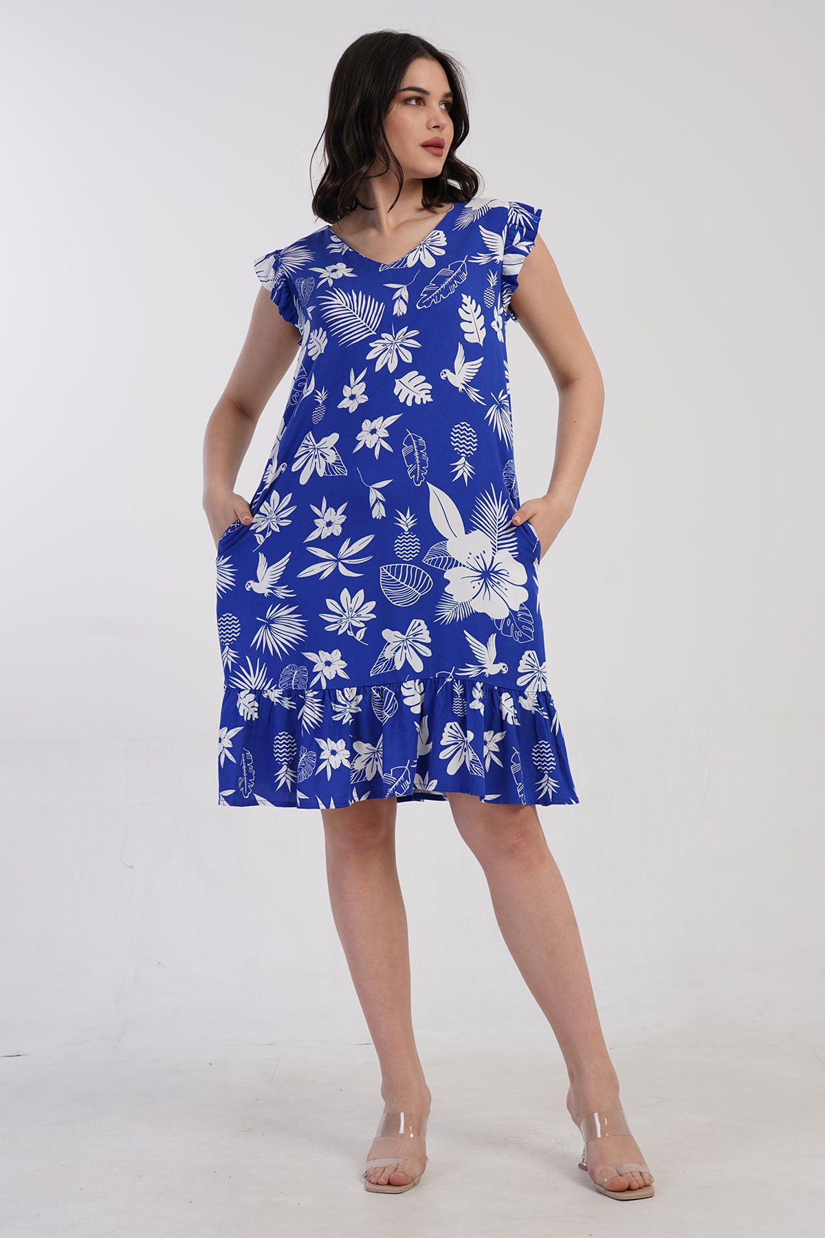 KADIN BELMANDO V YAKA KOLLARI FIRFIRLI ETEK PARCALI BUZGULU ELBISE