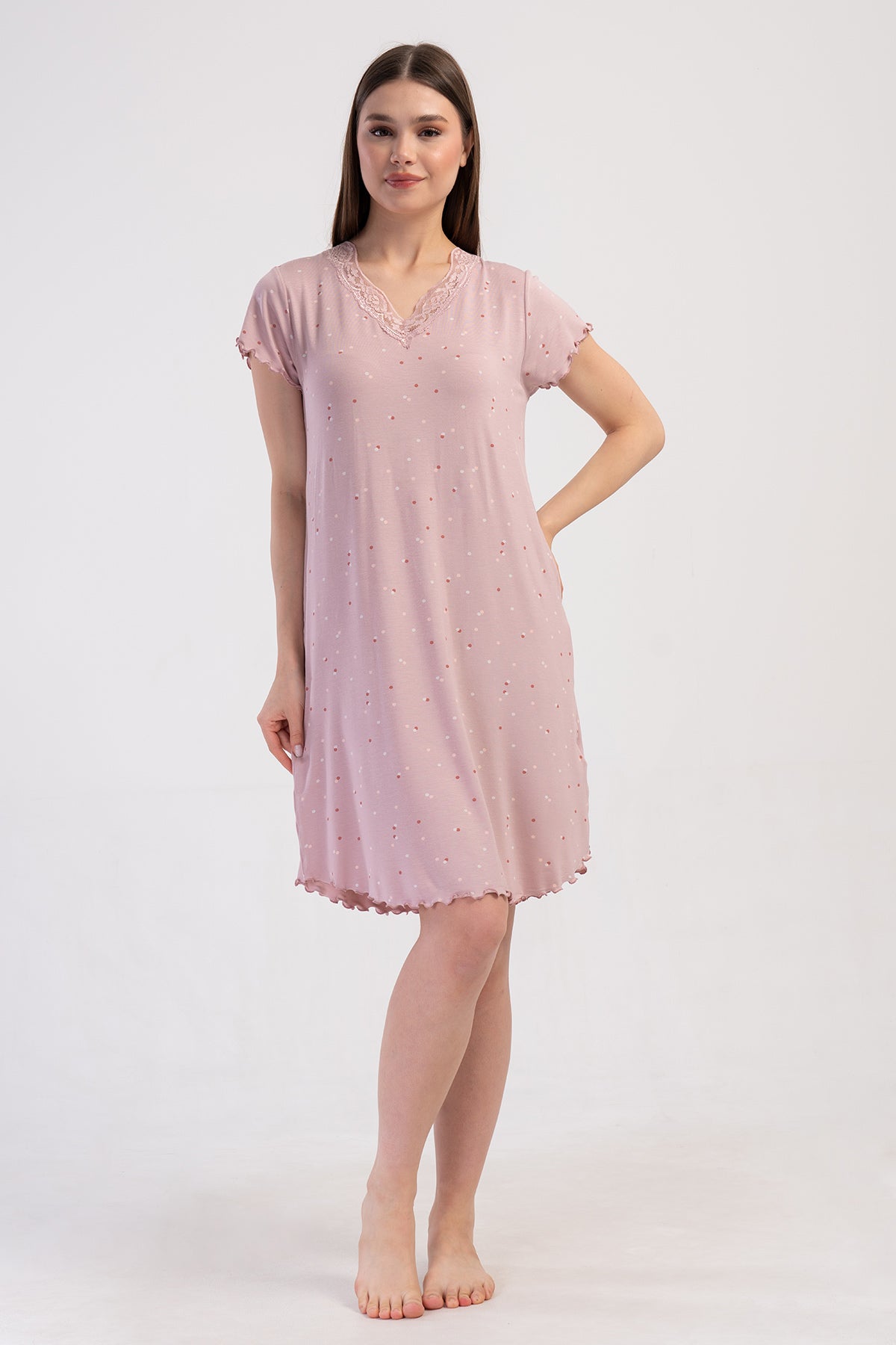 KADIN LYC VISCON V YAKA DANTELLI BIBILALI KISA KOL ETEGI OVAL TUNIK