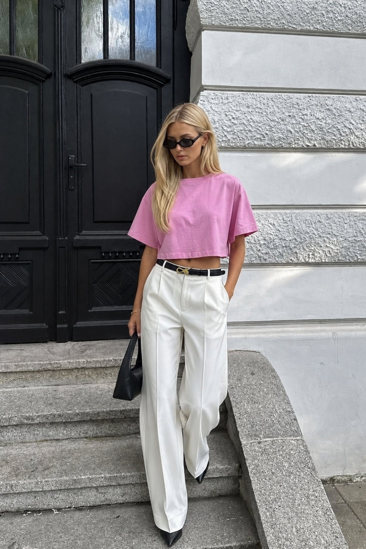 Yıkama Efektli Pembe Crop Tişört