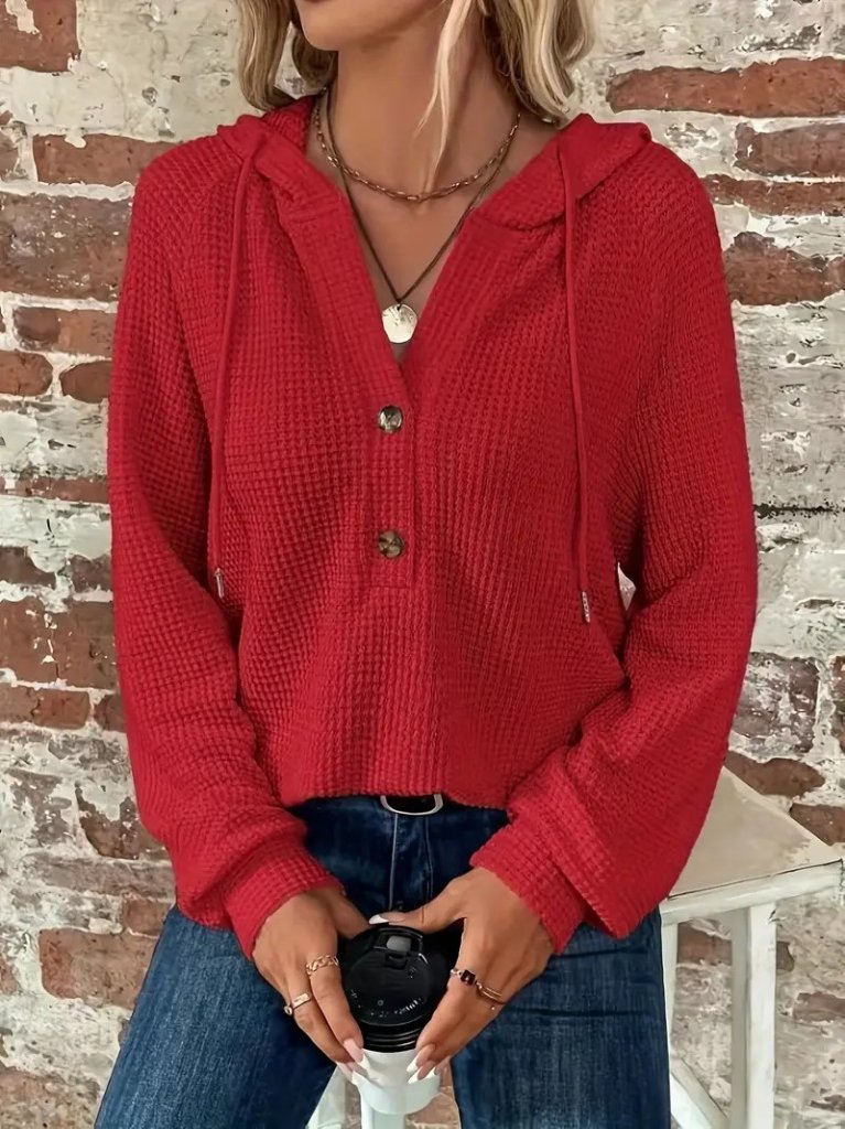 Women's Long Sleeve Hooded Buttoned and Drawstring Waffle Blouse