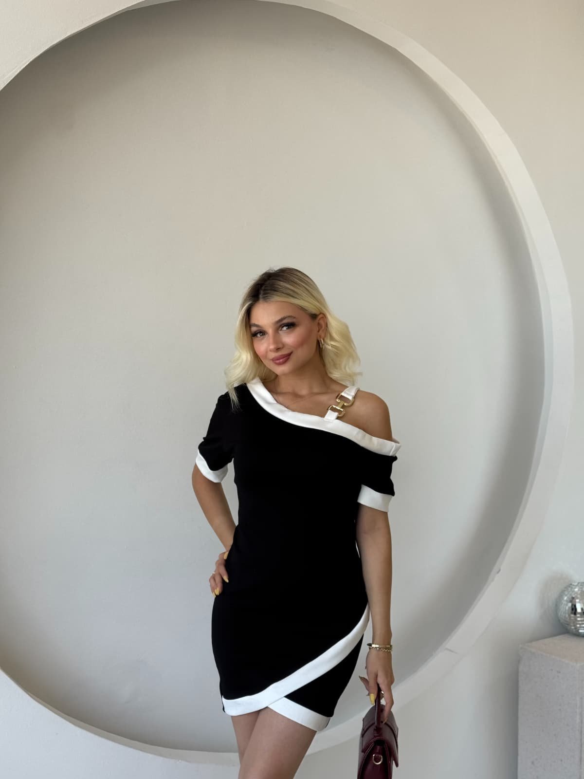Women's Short Sleeve Asymmetric Cut Collar Stripe and Accessory Detailed Modal Dress