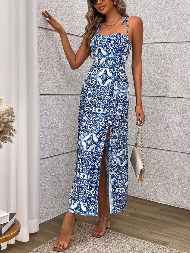 Women's Spaghetti Strap Cross-Back Tie Detail Slit Patterned Midi Supreme Dress