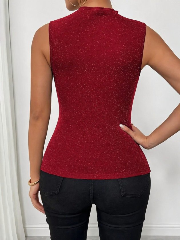 Women's Sleeveless Tulle Round Neck Deep V Neck Glitter Blouse