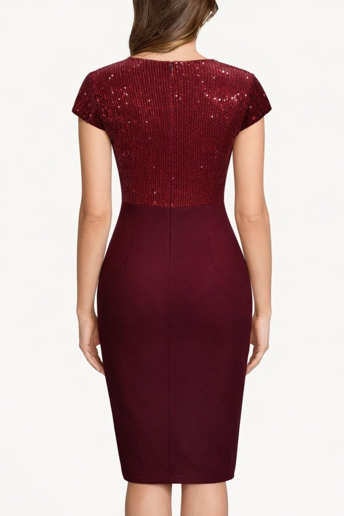 Women's Short Sleeve Wrap Collar Shimmer Detail Midi Imported Crepe Dress