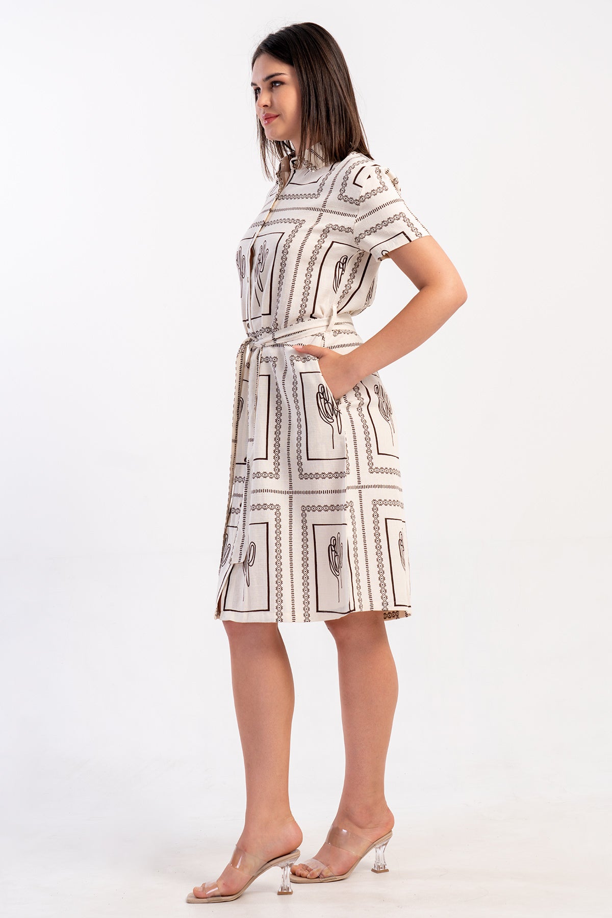 KADIN KIBRIS KISA KOL CEPLI KEMERLI GOMLEK ELBISE