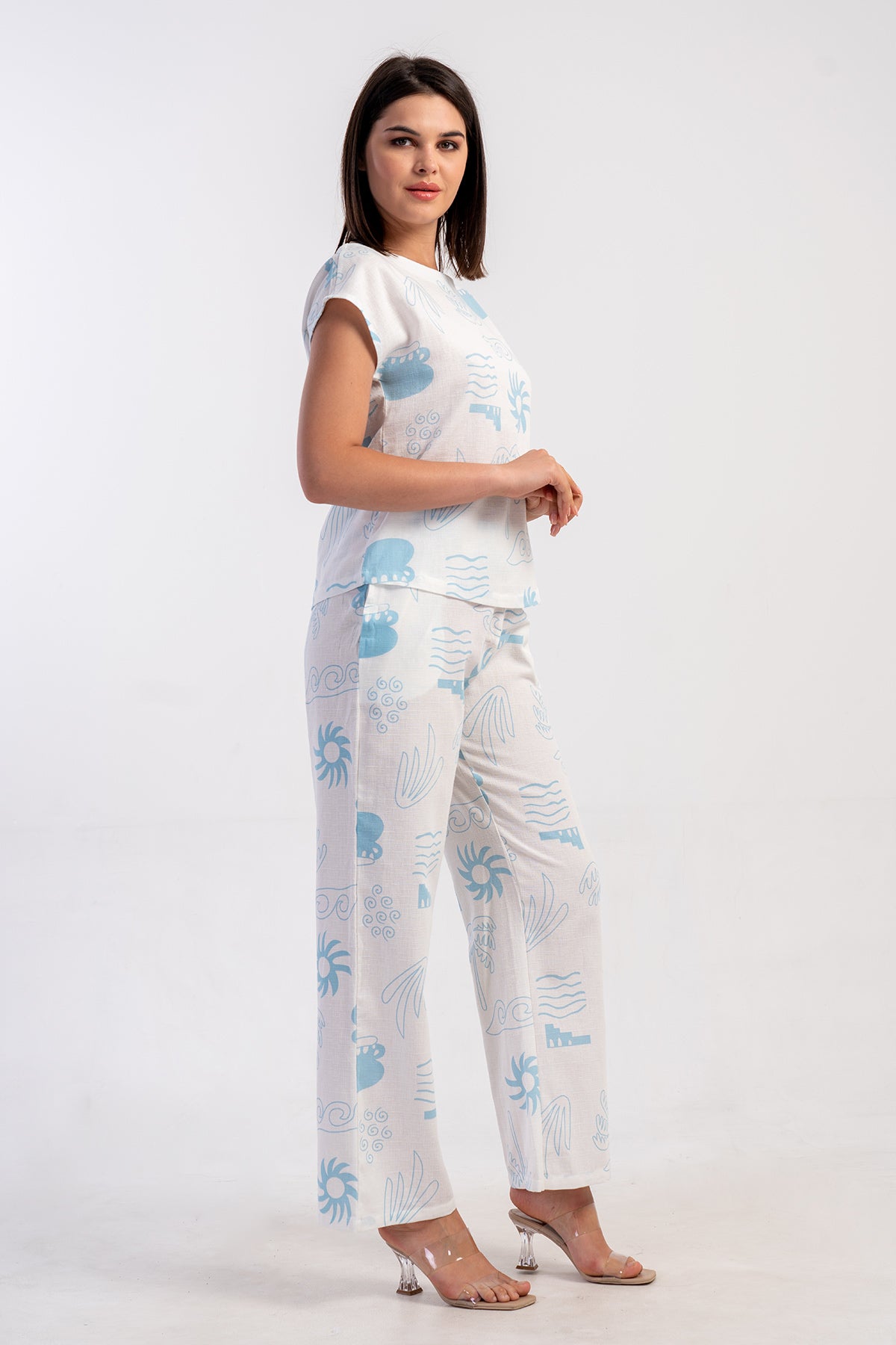 KADIN KIBRIS KAYIK YAKA YARASA KOL BLUZ CEPLI PANTOLON TAKIM