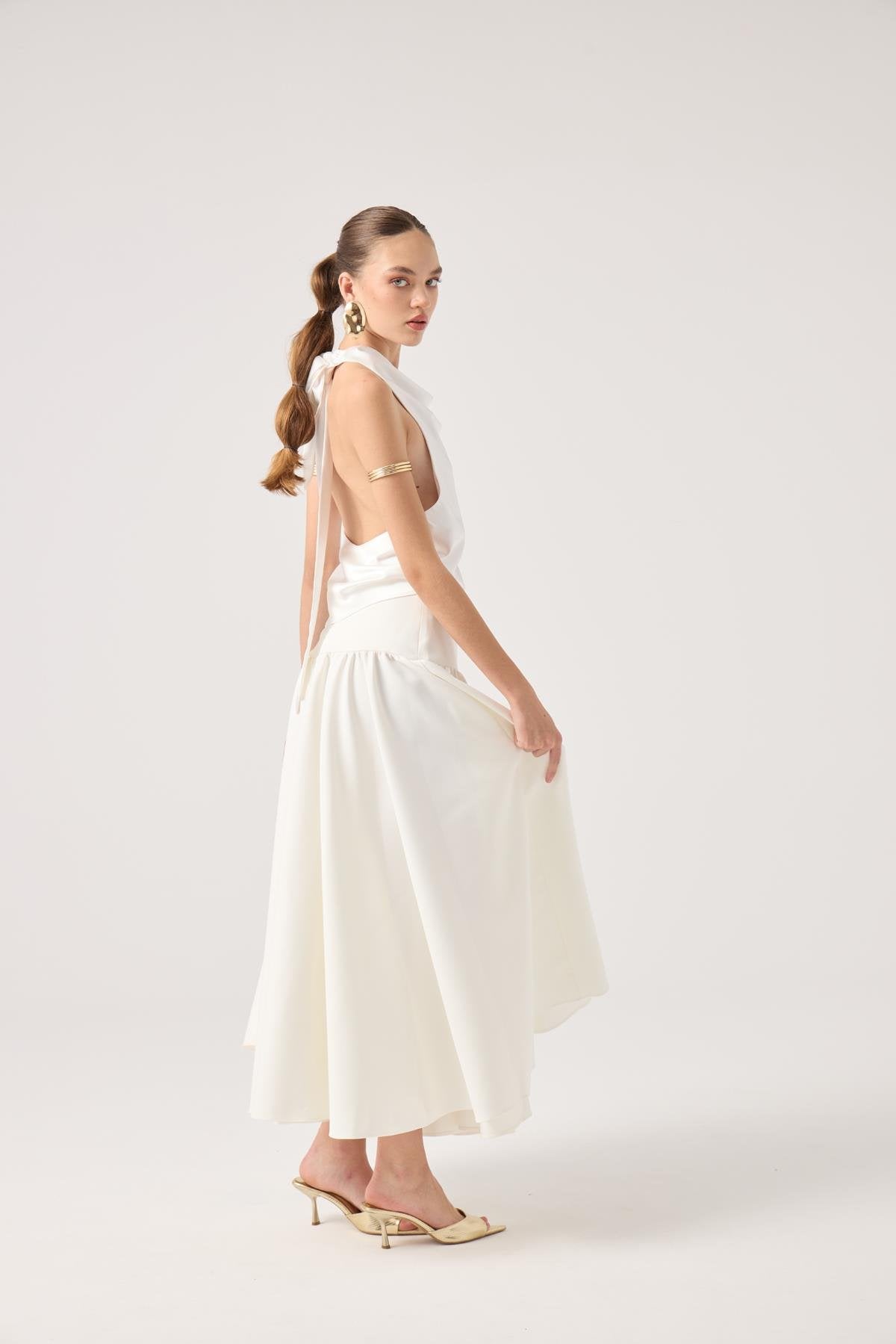 Fermuarlı Uzun Elenor Etek Beyaz
