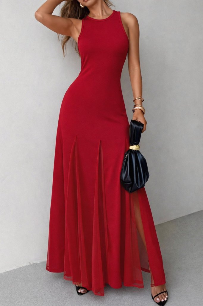 Women's Strappy Crew Neck Hem Tulle Detailed Asymmetric Flared Long Imported Crepe Dress