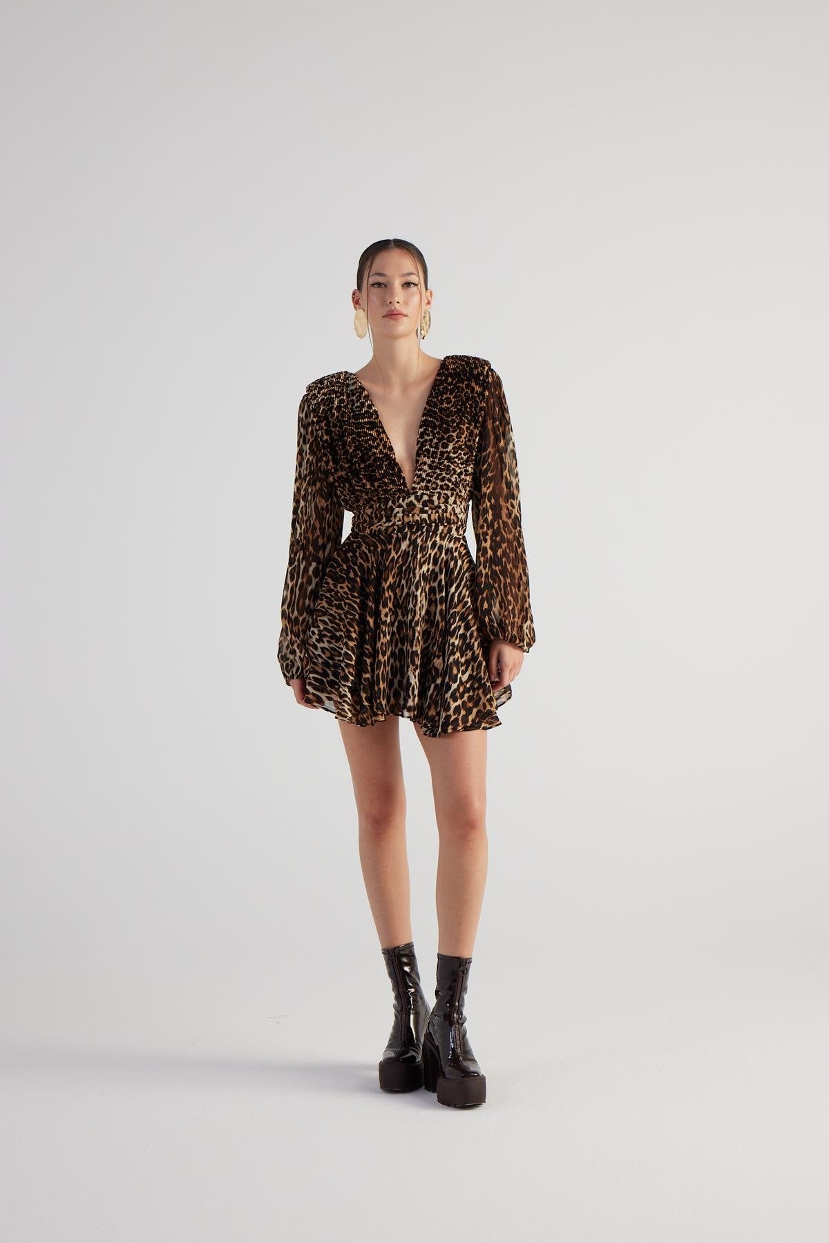 Leopar Desenli V Yaka Mini Janet Elbise Kahve Kahve M