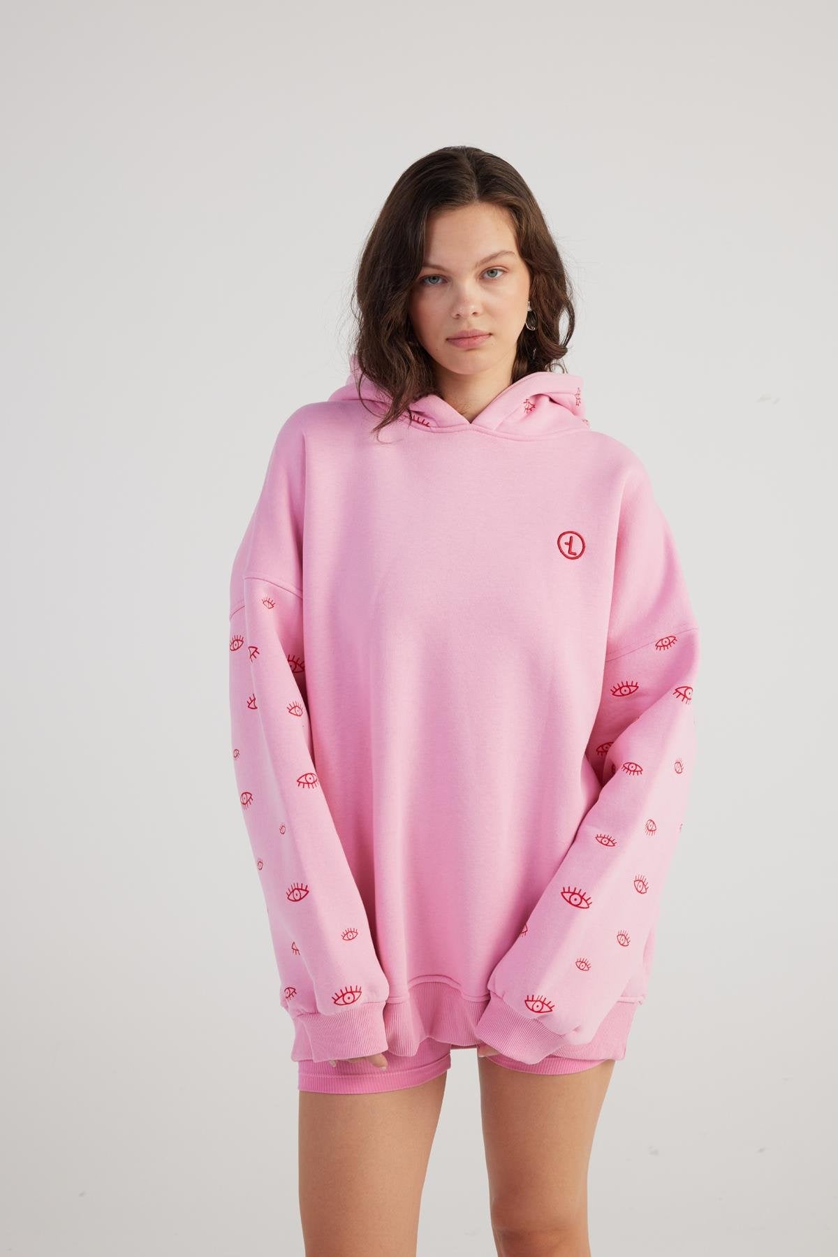 Oversize Kapüşonlu Unisex Eye Sweat Pembe