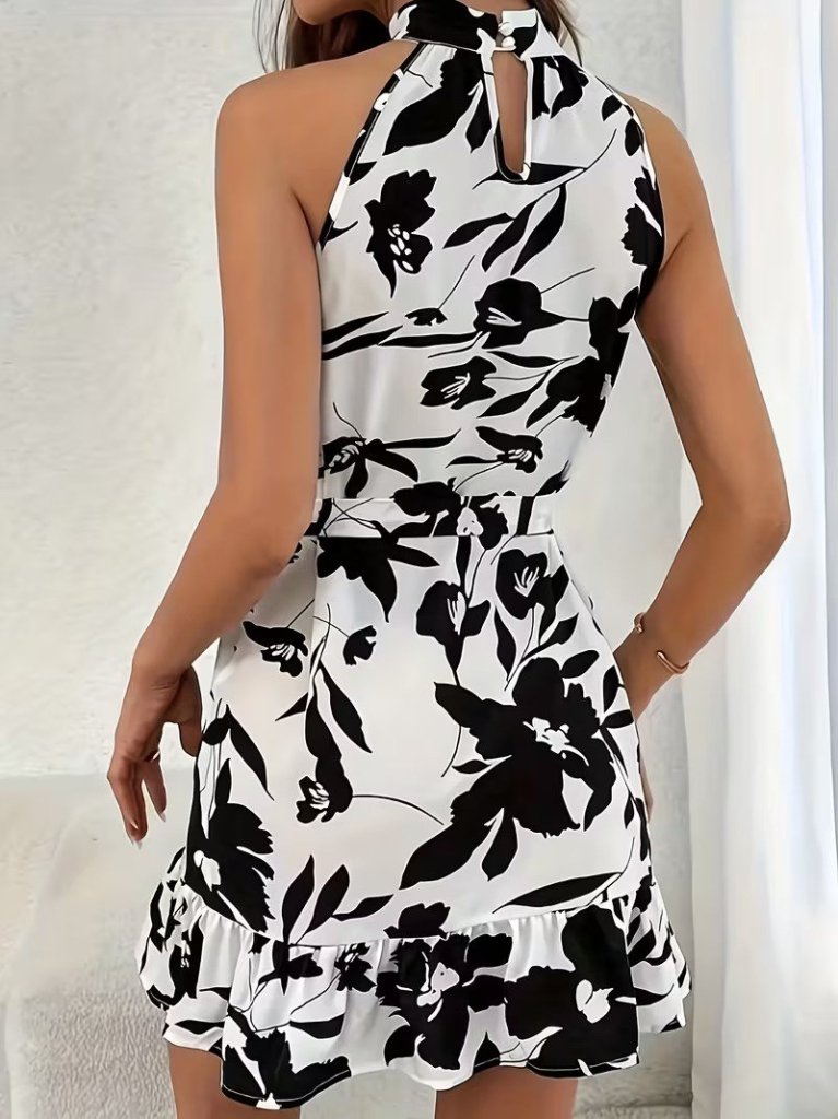 Women's Off-Shoulder Turtleneck Belted Patterned Short Supreme Dress