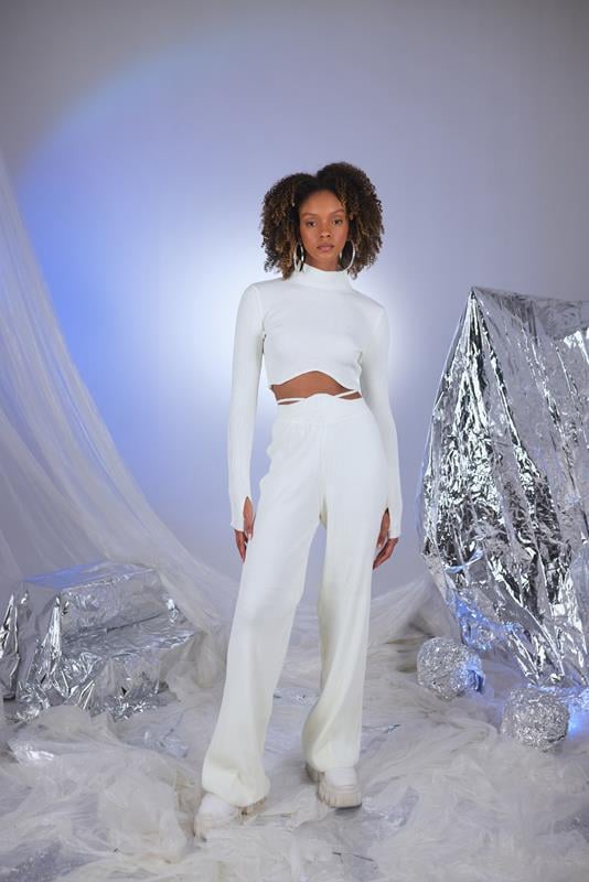 Lastikli Bel Geniş Paça Esnek Feels Triko Pantolon Ekru