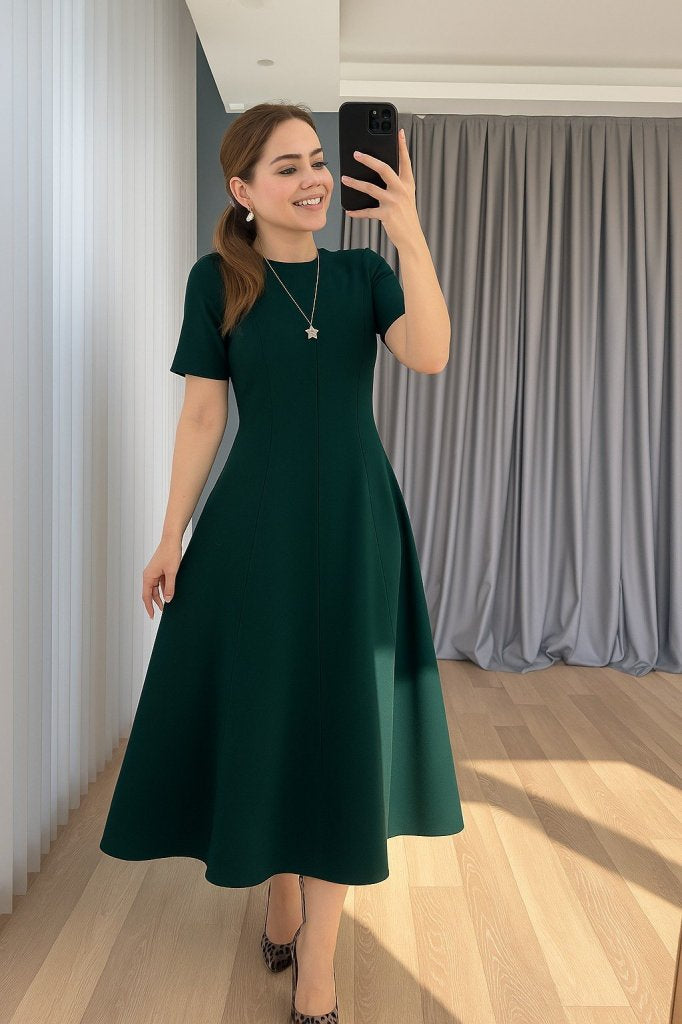 Women's Short Sleeve Crew Neck Maxi Length Imported Crepe Dress