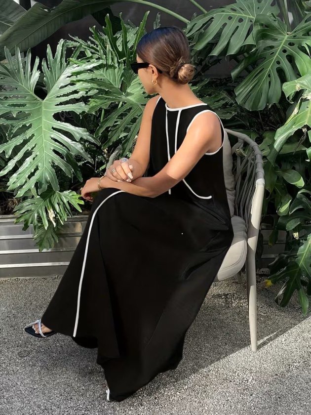 Women's Off-Shoulder Thin Stripe Detailed Long Viscose Dress