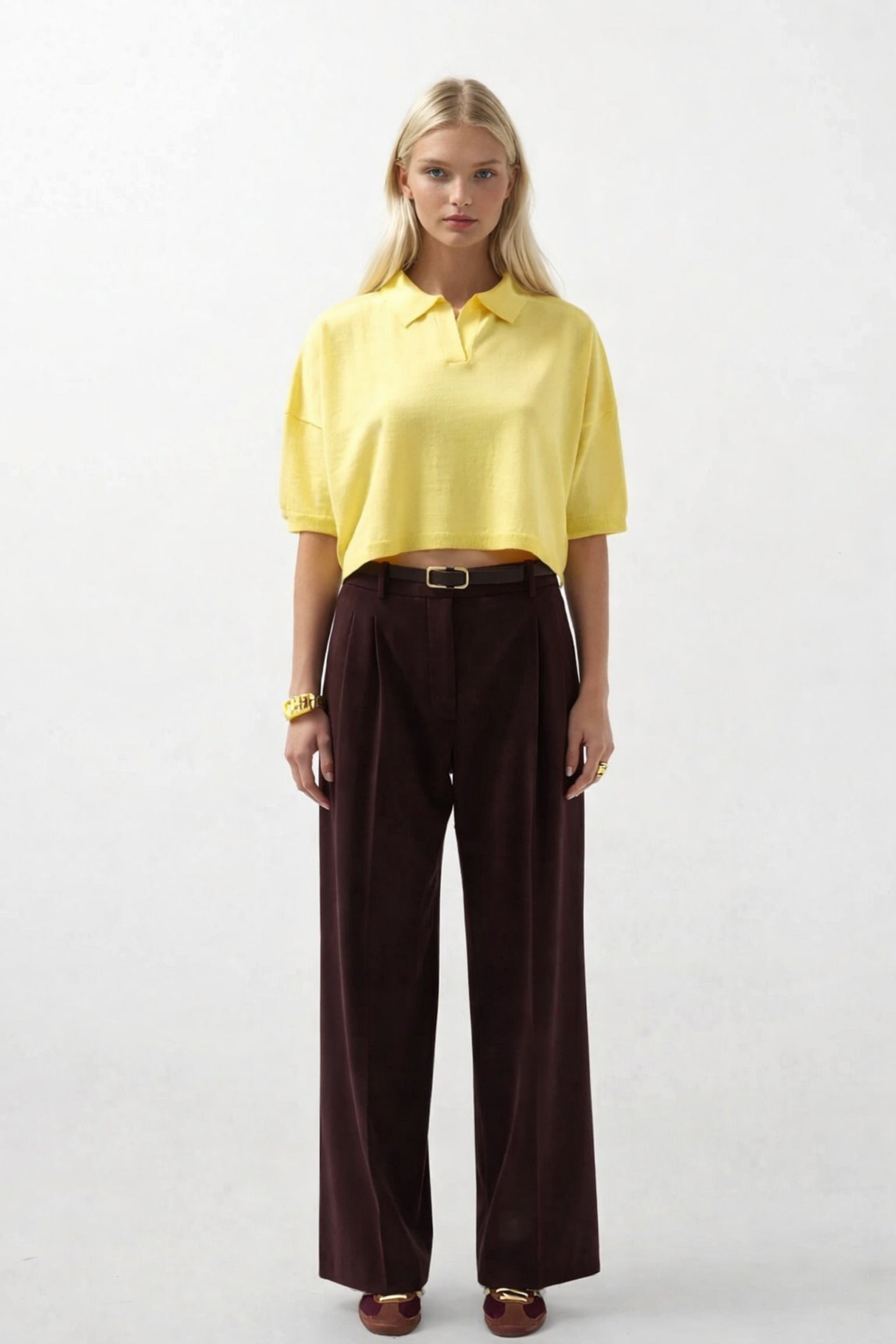 Polo Yaka Crop Dokulu Sarı Bluz