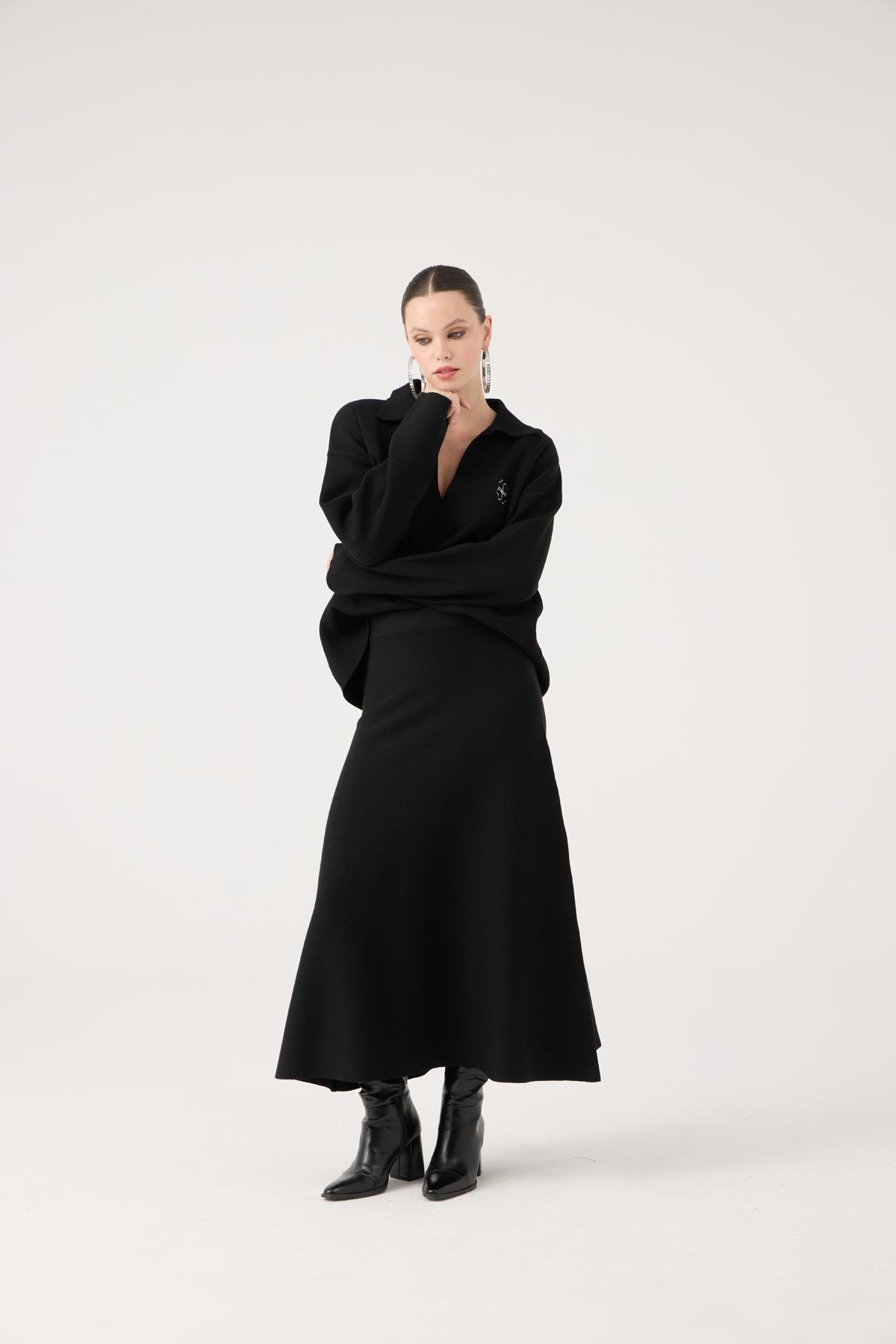 Beli Lastikli Uzun Zoi Triko Etek Siyah