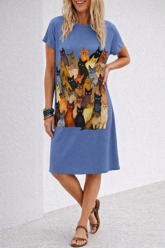 Short-Sleeve Crew-Neck Cat-Print Midi Viscose Dress