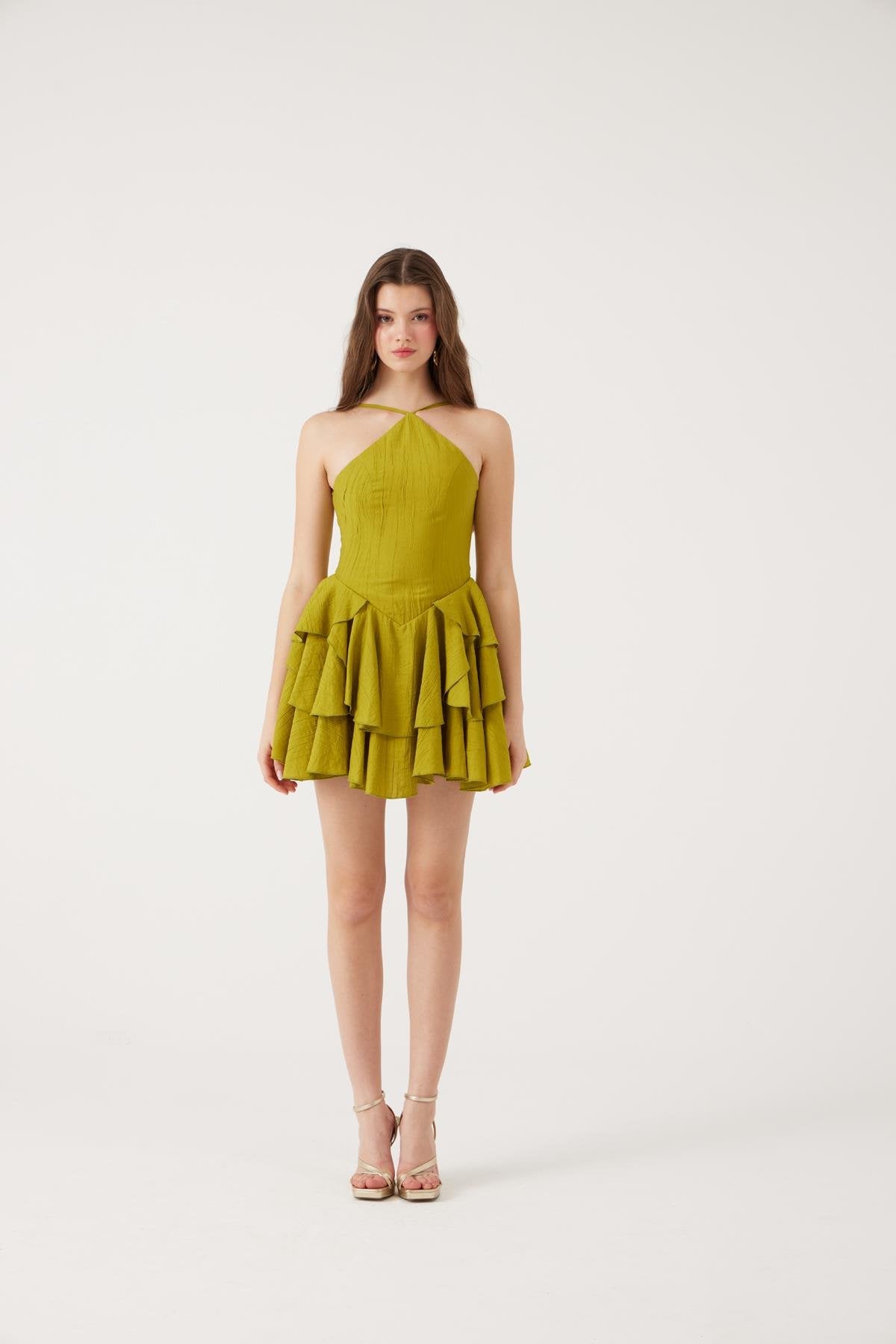 Fırfırlı Halter Yaka Mini Keira Elbise Yeşil Yeşil L