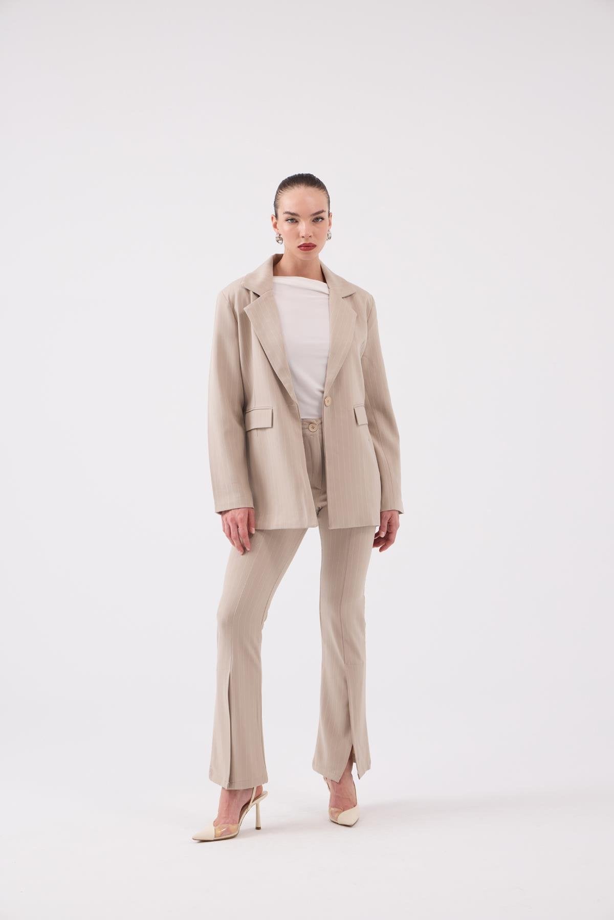 Vatkalı Astarlı Blazer Striped Blazer Ceket Bej