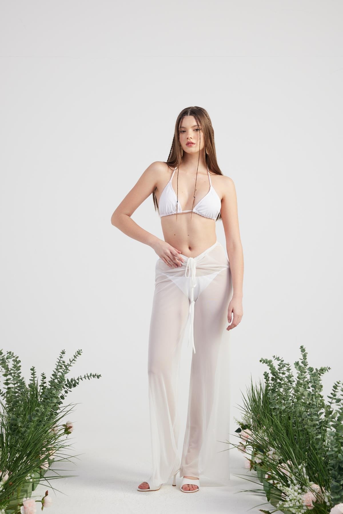 Beli İp Detaylı Tül Pareo Shirred Pantolon Beyaz