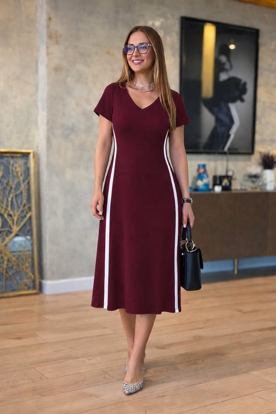 Women's Short Sleeve V-Neck Side Stripe Detail Viscose Double Thread Midi Dress