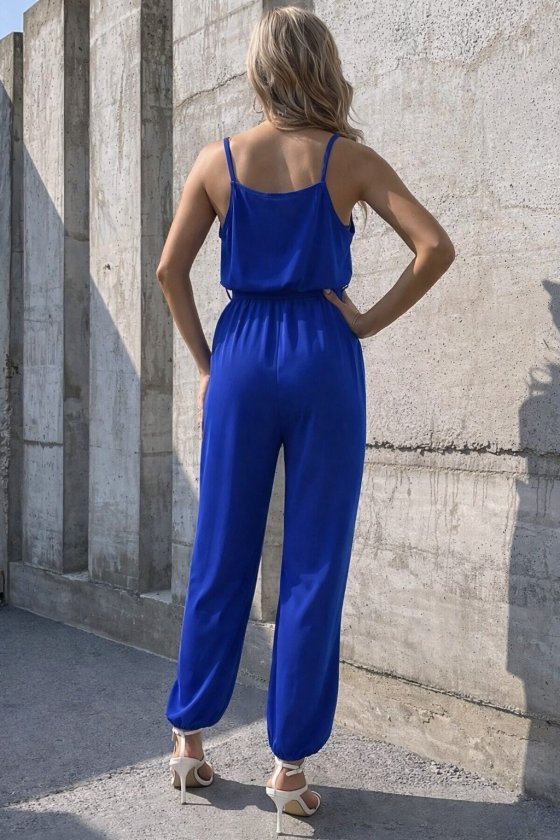 Women's Spaghetti Strap Wrap Collar Belted Long Sandy Jumpsuit