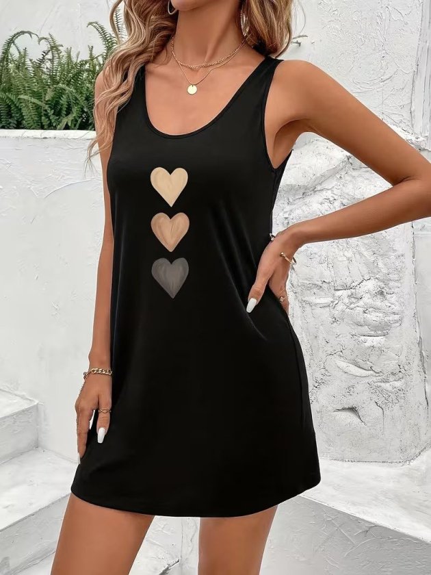 Kadın Askılı Yuvarlak Yakalı Kalp Baskılı Kısa Viskon Elbise
