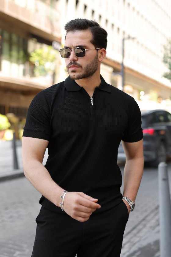 Erkek Fermuarlı Yakalı Kısa Kollu Tshirt