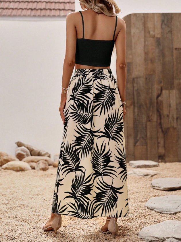 Women's Spaghetti Strap Round Neck Short Viscose Blouse and Patterned Slit Supreme Skirt Two-Piece Set
