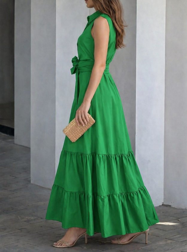 Women's Sleeveless Collar Front Button Waist Belt Long Tricot Dress