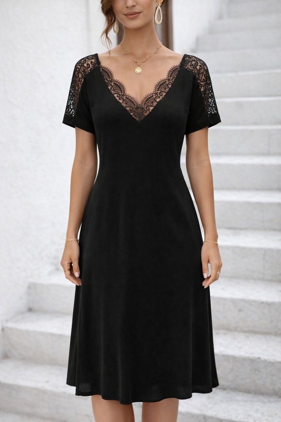 Women's Short Sleeve Lace V Neck Midi Viscose Dress