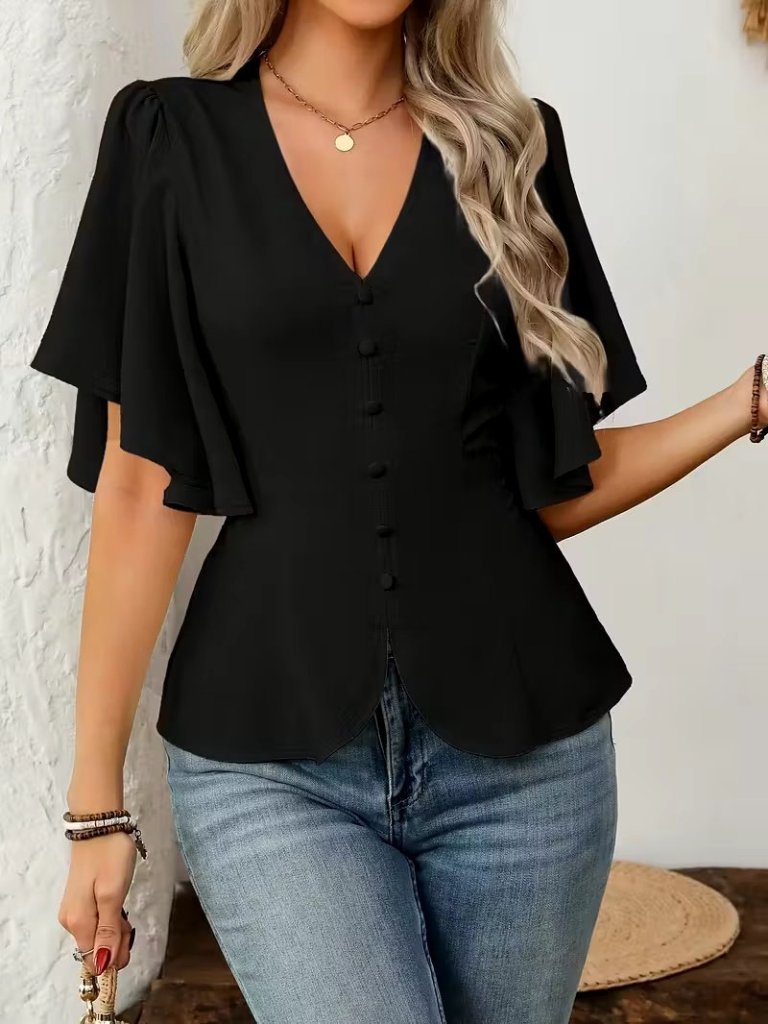 Women's Short Sleeve Front Button Imported Crepe Blouse