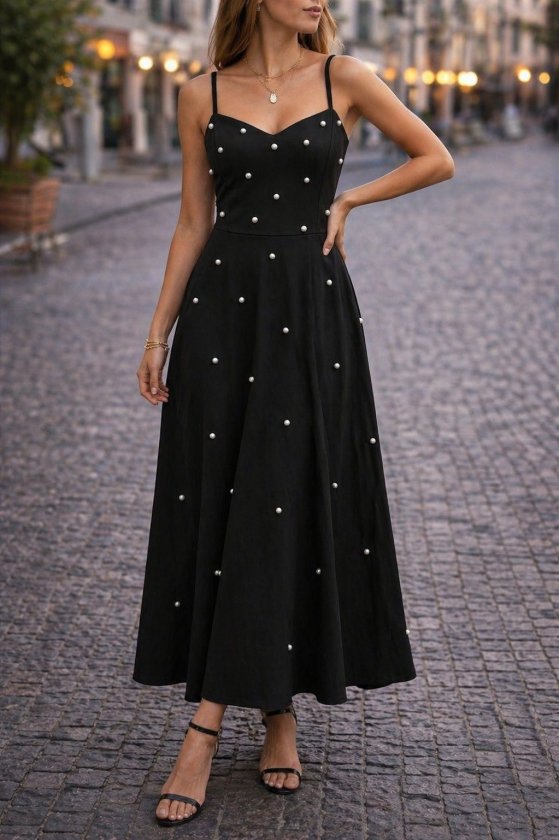 Women's Spaghetti Strap V-Neck Pearl Detailed Long Ruffled Crepe Dress