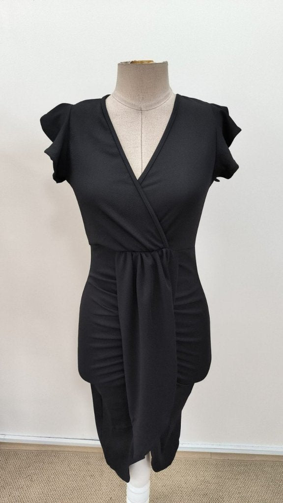 Women's Short Ruffle Sleeve Wrap Collar Front Cross Detailed Midi Ruffled Crepe Dress