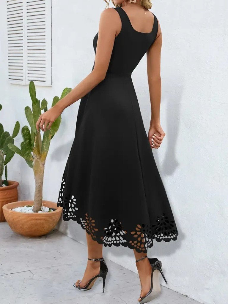 Women's Strappy Geometric Neckline Floral Laser Cut Imported Crepe Dress