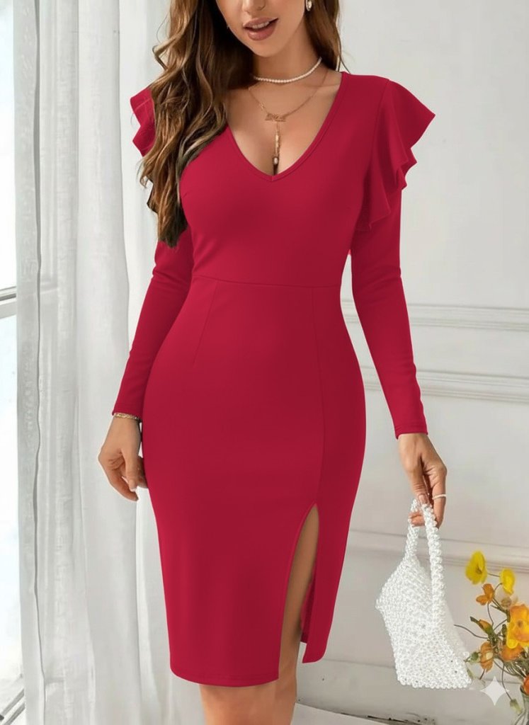 Women’s Long Sleeve V Neck Side Slit Midi Imported Crepe Dress