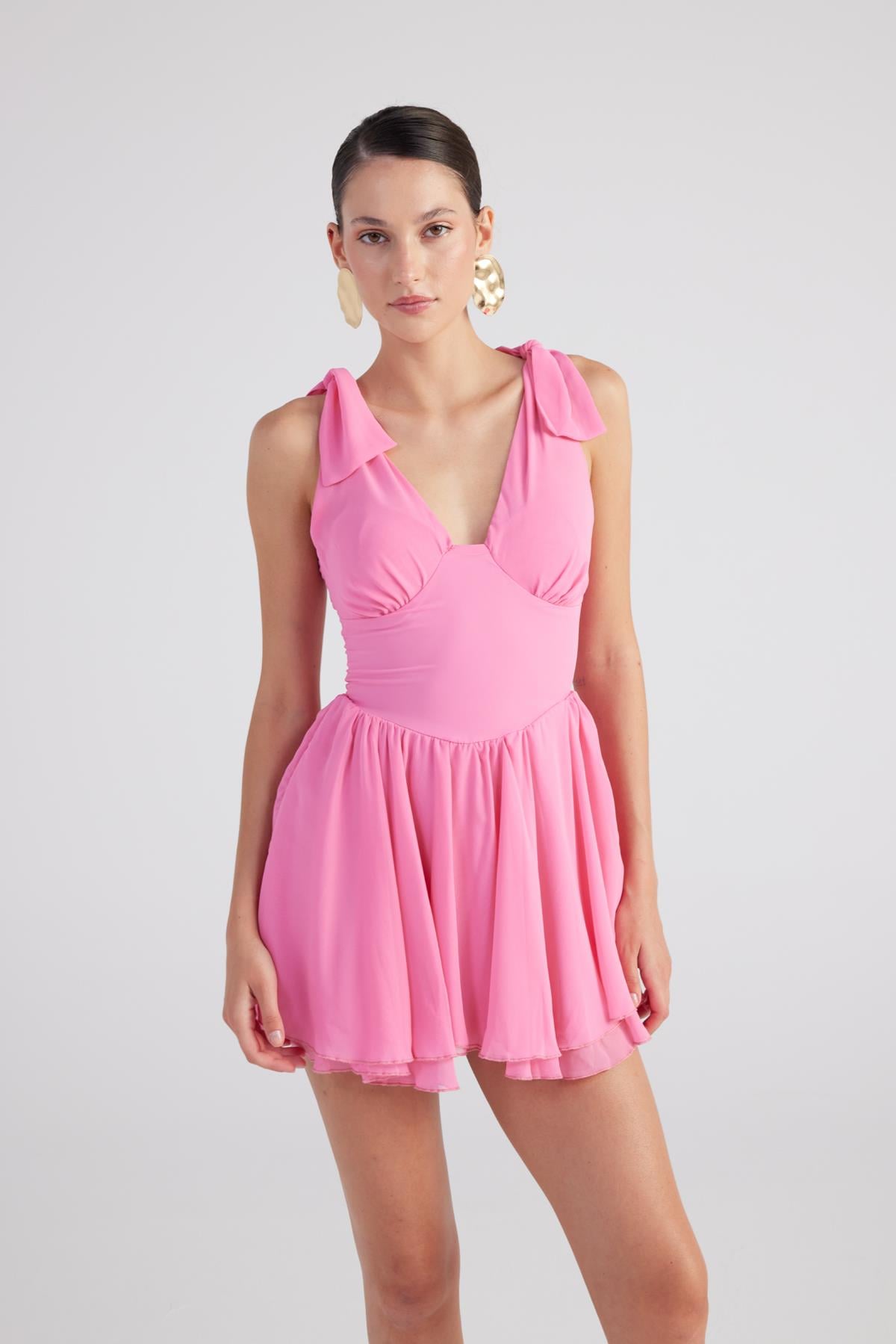 Çıkarılabilir Korseli Gloplu Mini Şifon Fiona Elbise Pembe