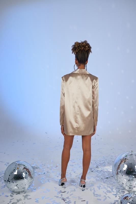 Vatkalı Uzun Kol Astarlı Saten Fancy Blazer Ceket Bej