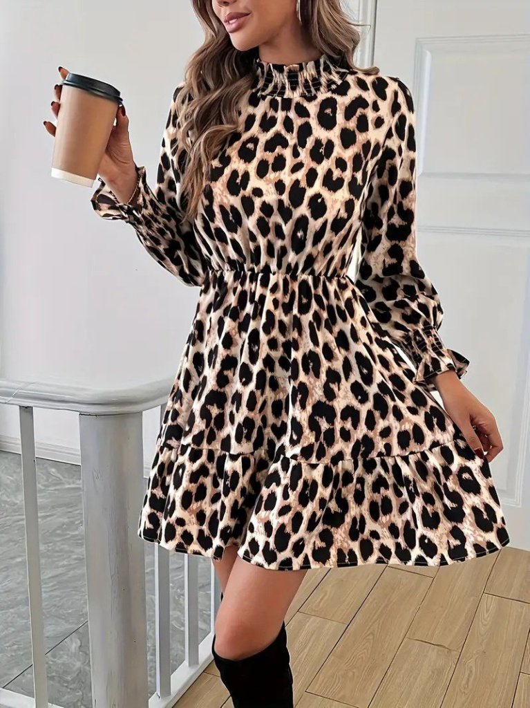 Women's Long Sleeve Semi-Turtleneck Leopard Print Modal Mini Dress