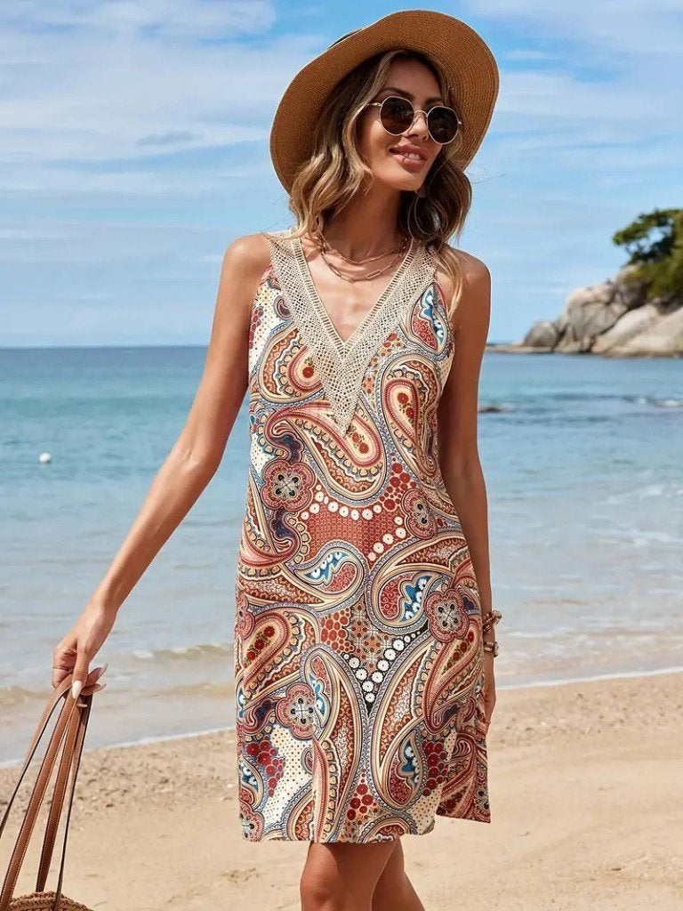 Women's Short Sleeve Lace V Collar Patterned Supreme Dress