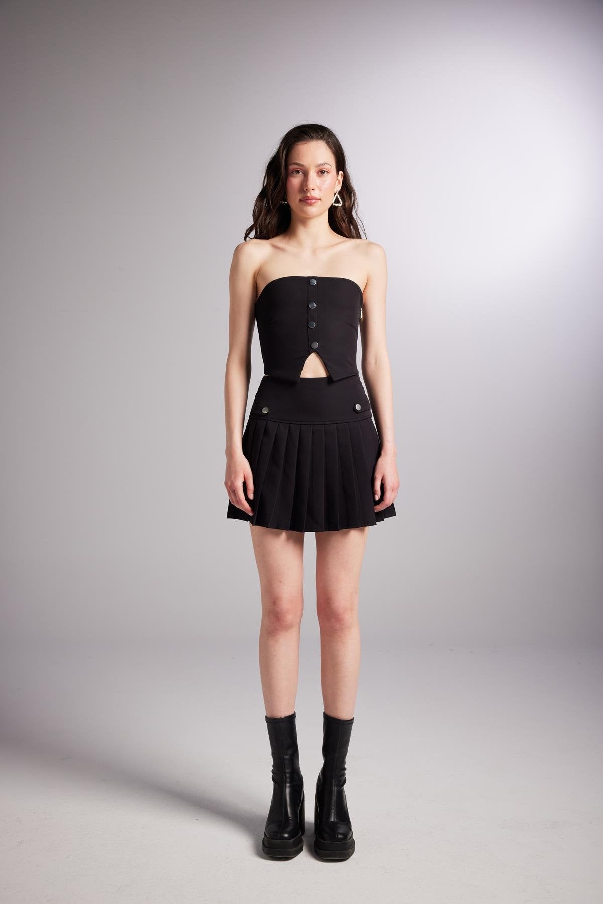 Pilili Mini Devon Şort Etek Siyah