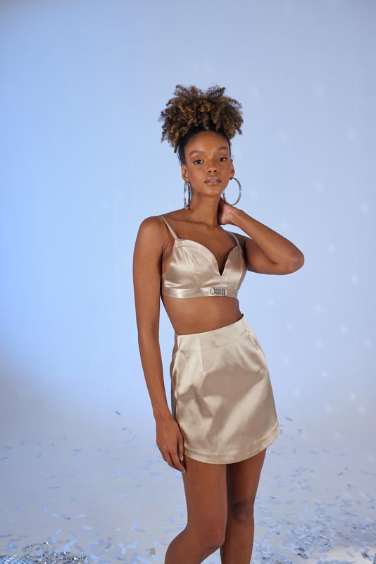 Askılı Crop Saten Fancy Büstiyer Bej